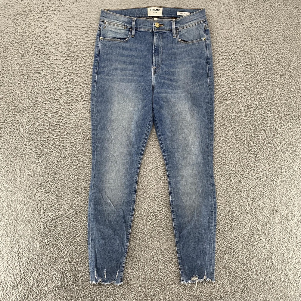 Frame Le High Skinny Jeans Womens 30‎ Medium Wash High Rise Raw Hem Distressed
